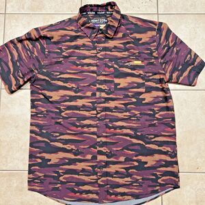 Howitzer Shirt Mens L Purple Tiger Stripe Camo Camp Hawaiian Patriot Military